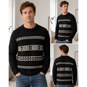 Structure Mens 100% Lambswool Fair Isle Crewneck Sweater Black Cream Vintage L
